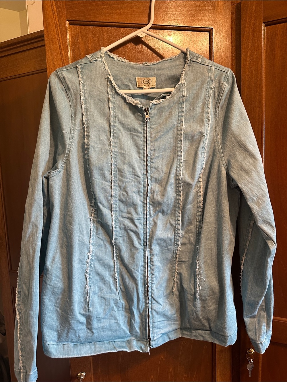 Light Wash Denim Zip-Front Jacket - Faded Turquoise